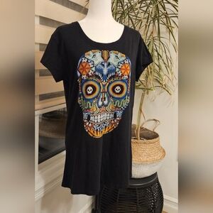 Black T-Shirt with Colorful Skull Design